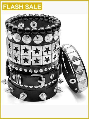 6 Pcs Goth Punk Studded Bracelet Set Y2K Emo Grunge Leather Wristband Spiked
